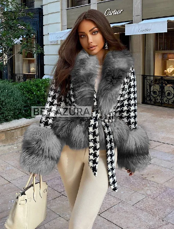 Casual Comfort Practical Chic Pieces Houndstooth Fox Fur Trim Belted Wool Jacket