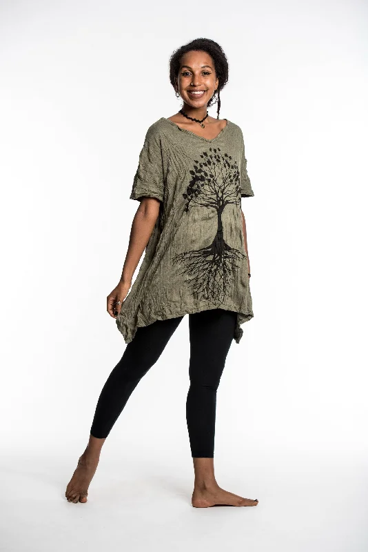 Sporty Comfort Trendy Soft Fit Womens Tree of Life Loose V Neck T-Shirt in Green
