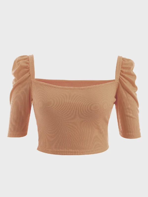Elegant Wear Cozy Everyday Layers Midsize Cute Puff Square Neck Crop Top