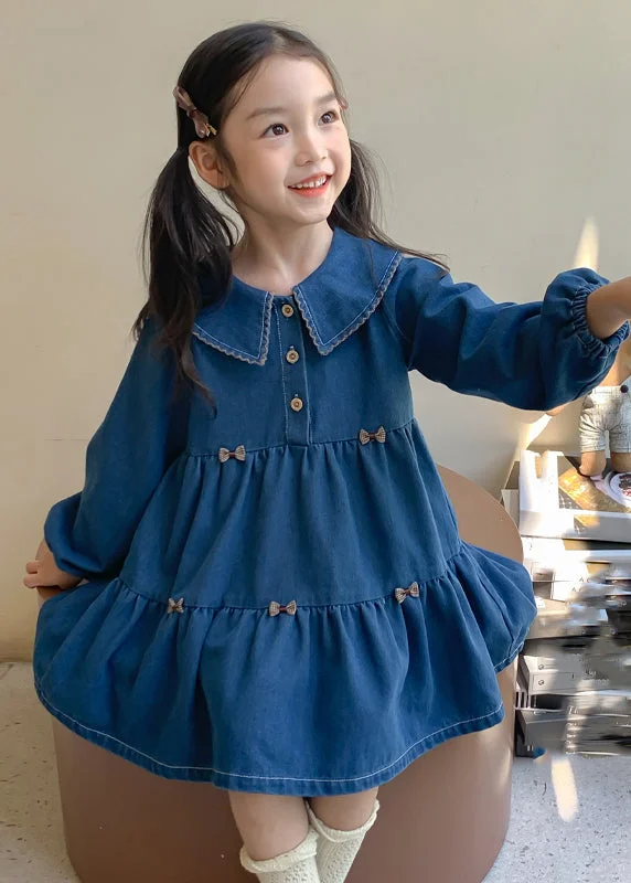 Relaxed Dresses Relaxed Fashion Styles Casual Blue Peter Pan Collar Patchwork Button Girls Vacation Denim Mid Dresses Spring