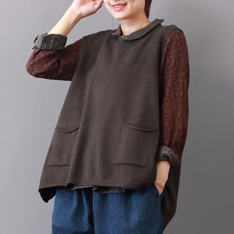 Versatile Wear Cozy Everyday Wear New khaki cozy sweater Loose fitting lapel collar sweaters 2018 sleeveless top