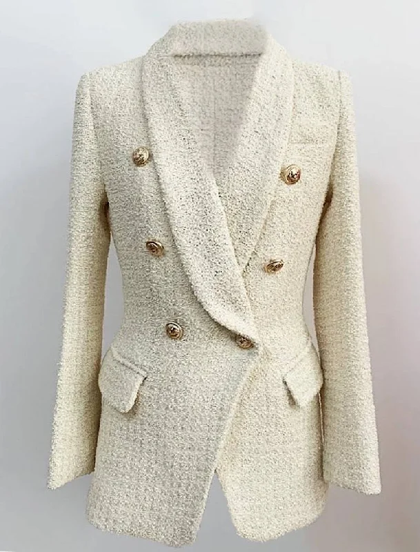 Smart Casuals Cozy Pieces Wear Double Breasted Shawl Collar Tweed Long Blazer