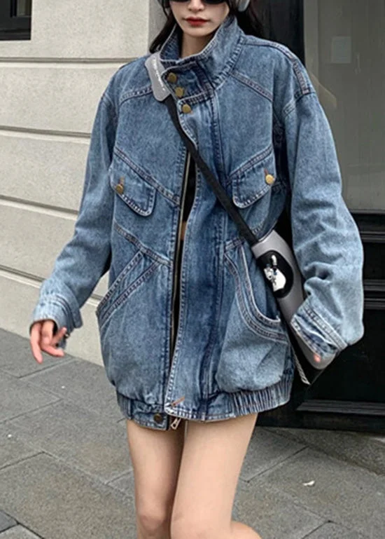 Versatile Outfits Simple Comfort Choices Fashion Blue Stand Collar Zip Up Pockets Denim Coat Spring