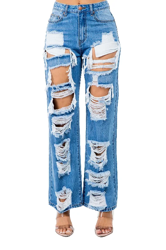 Trendy Wear Trendy Comfy Outfits Women's High Distressed Wide Fit Denim Jeans