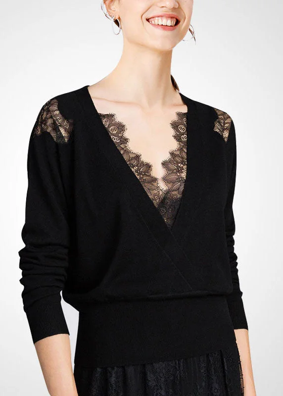 Relaxed Dresses Soft Wear Fit Women Black V Neck Lace Patchwork Hollow Out Wool Knitted Tops Winter Relaxed Dresses Soft Wear Fit Women Black V Neck Lace Patchwork Hollow Out Wool Knitted Tops Winter