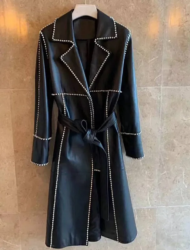 Light Fit Relaxed Layered Looks Sheepskin Leather Long Coat With Crystal Trims
