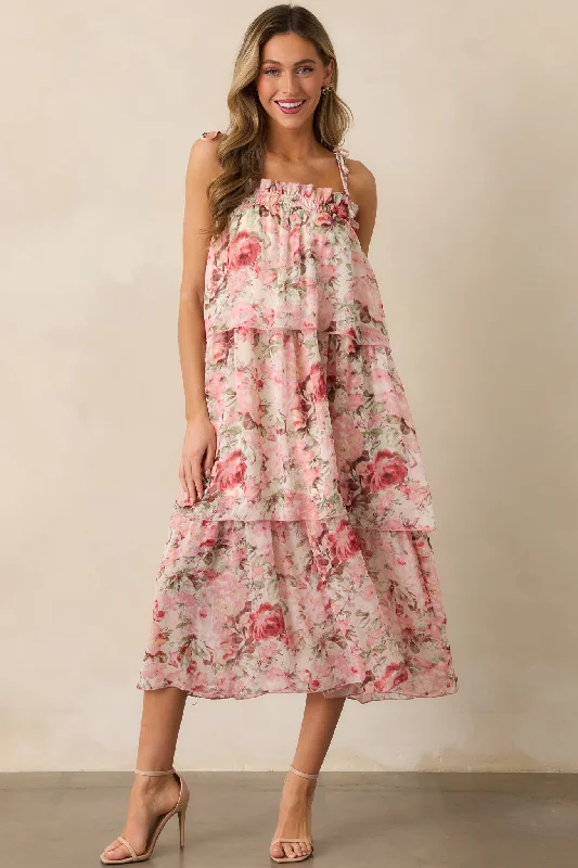 Relaxed Chic Cozy Chic Looks Flourishing Frenzy Pink Floral Print Midi Dress