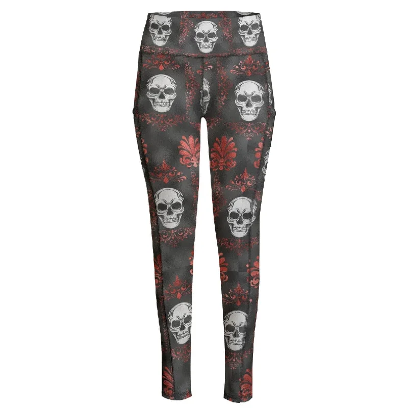 Timeless Style Stylish Soft Outfits Women's White Skulls Red Floral Yoga Leggings With Side Pockets Timeless Style Stylish Soft Outfits Women's White Skulls Red Floral Yoga Leggings With Side Pockets