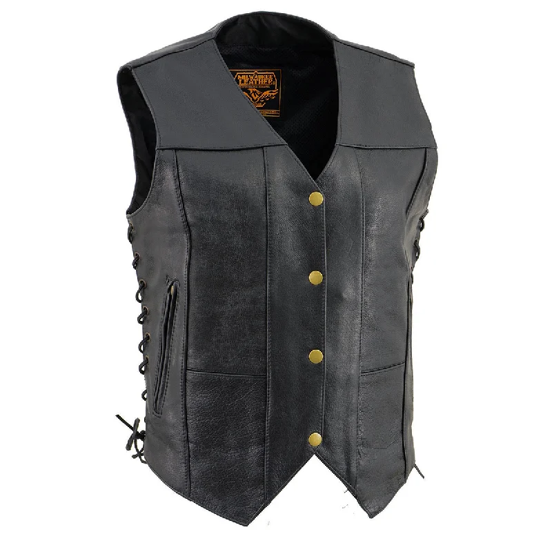 Relaxed Dresses Fashionable Cozy Wear Milwaukee Leather SH1292 Women's Black Leather Side Lace 6 Pocket Motorcycle Rider Vest- Antique Color Snap Closure