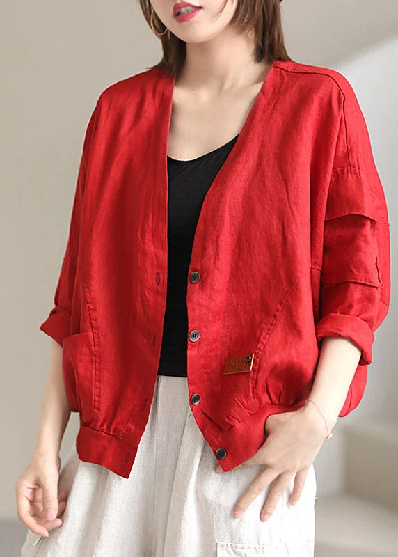 Urban Comfort Trendy Warm Pieces Plus Size Red V Neck Pockets Fall Coats Long sleeve