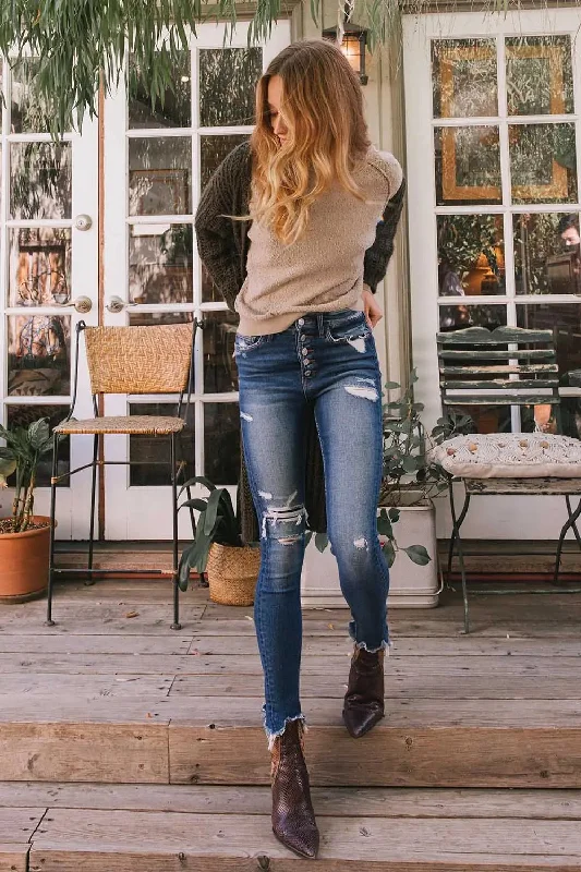 Urban Comfort Soft Chic Apparel Vervet High Rise Button Up Disterssed Ankle Skinny-Haylie
