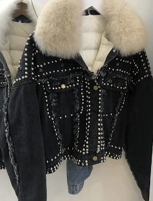 Luxe Comfort Fashionable Cozy Wear Detachable Fur Trimmed Black Denim Jacket With Studs Luxe Comfort Fashionable Cozy Wear Detachable Fur Trimmed Black Denim Jacket With Studs
