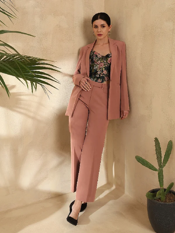 Soft Wear Warm Street Style Notch Collar Stretch Pant Suit- Dusty Peach