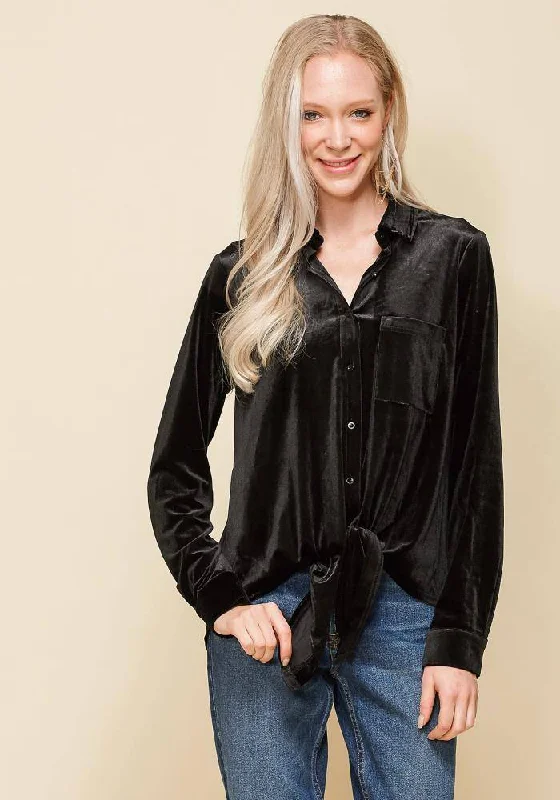 Timeless Style Stylish Relaxed Pieces Pleione Women's Button Down Velvet Shirt Blouse in Black Timeless Style Stylish Relaxed Pieces Pleione Women's Button Down Velvet Shirt Blouse in Black