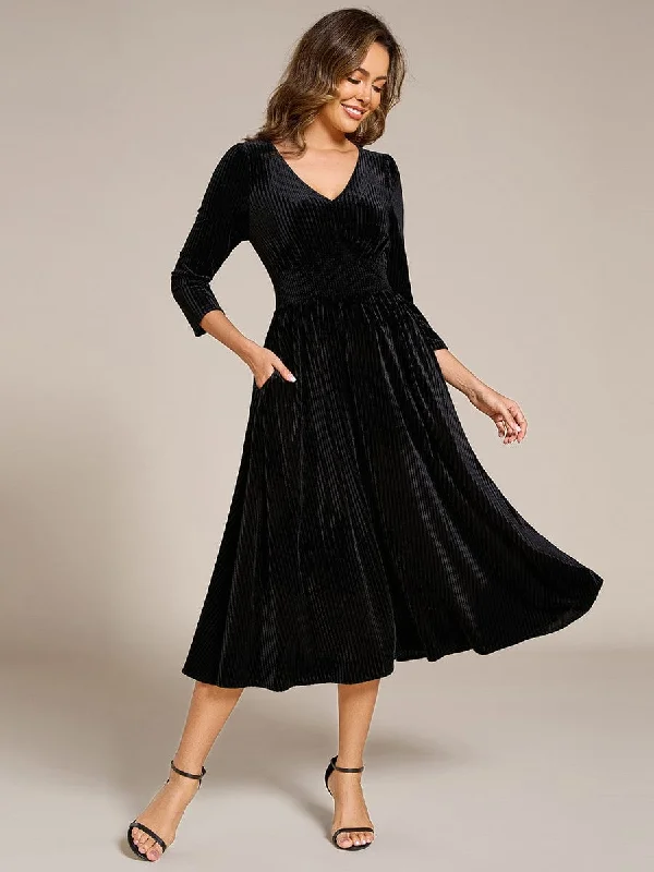 Versatile Comfort Stylish Layered Wear Ida | Long Sleeve High Stretch Velvet Tea Length Wedding Guest Dress