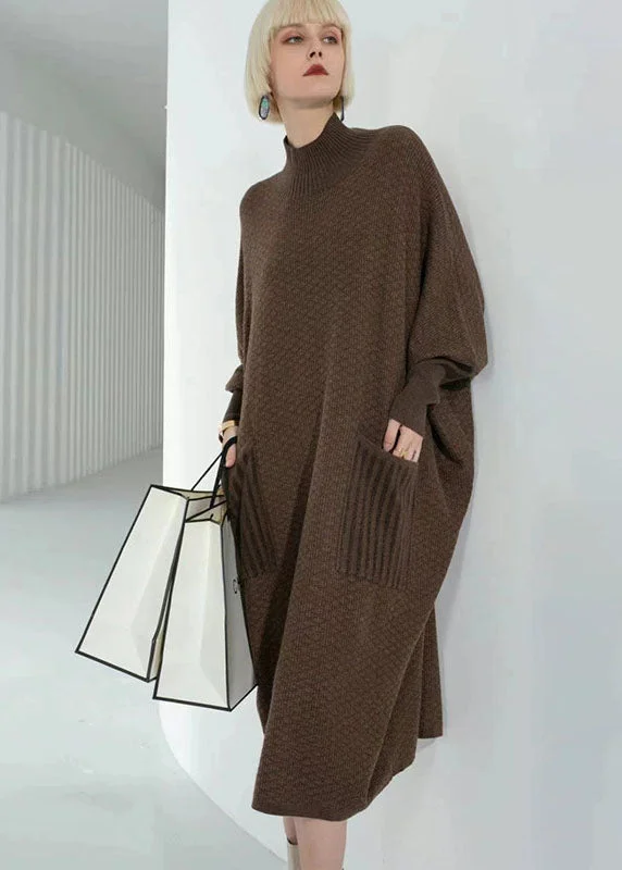 Weekend Wear Practical Chic Pieces Elegant Chocolate Turtle Neck Patchwork Pockets Wool Sweater Dress Long Sleeve