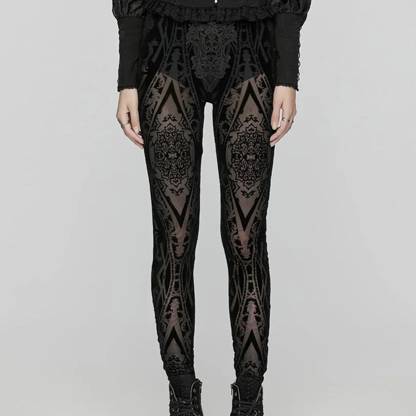 Breathable Style Cozy Layered Wearables Women's Gothic Pattern Flocked Mesh Leggings