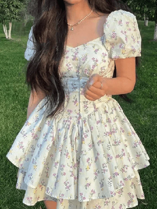 Light Comfort Relaxed Soft Fashion Puff Sleeve Floral Corset Mini Dress