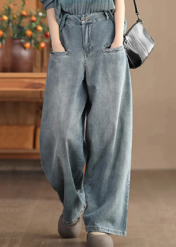 Soft Clothing Trendy Street Comfort Wear Casual Blue Pockets High Waist Denim Wide Leg Pants Spring