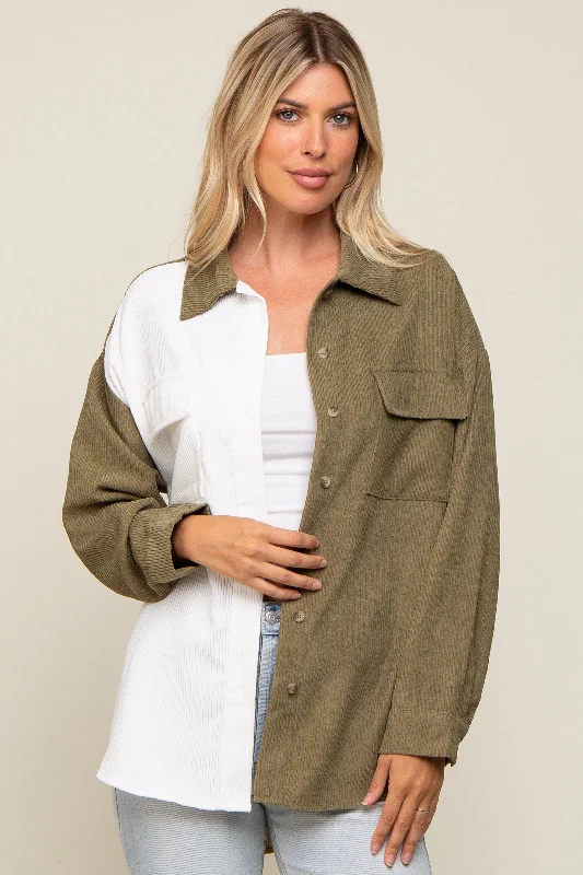 Basic Comfort Comfortable Fashion Wearables Olive Color blocked Courdoroy Button Down Top