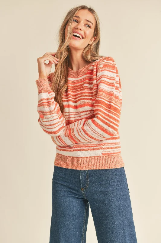 Effortless Outfits Cozy Chic Looks Clay Ivory Puff Shoulder Striped Sweater