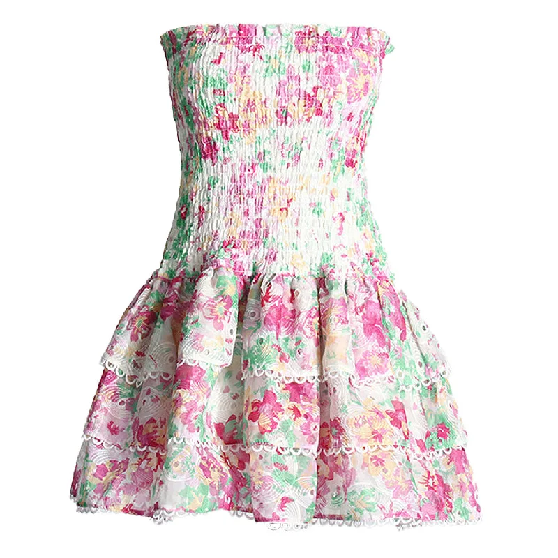 Easygoing Style Comfortable Warm Layers Boho Floral Embroidery Strapless Printed Smocked Tiered Ruffled Mini Dress Easygoing Style Comfortable Warm Layers Boho Floral Embroidery Strapless Printed Smocked Tiered Ruffled Mini Dress