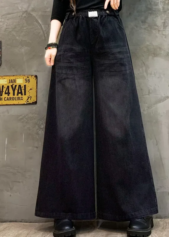 Cozy Dress Street Fashion Comfort Loose Black Pockets Elastic Waist Denim Wide Leg Pants Fall