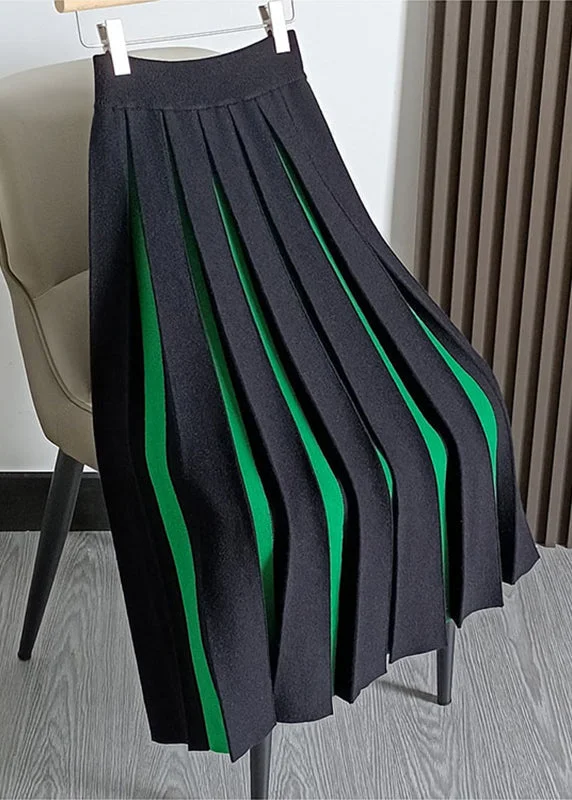 Casual Fit Comfy Warm Fashion Simple Green Patchwork High Waist Woolen Pleated Skirts Fall