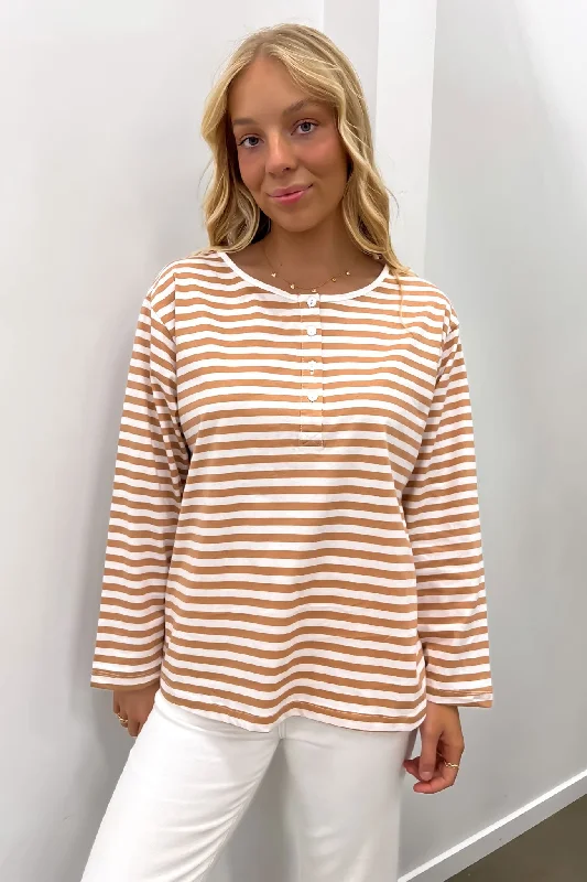 Layered Style Fashionable Cozy Looks Henley Long Sleeve Toffee Stripe