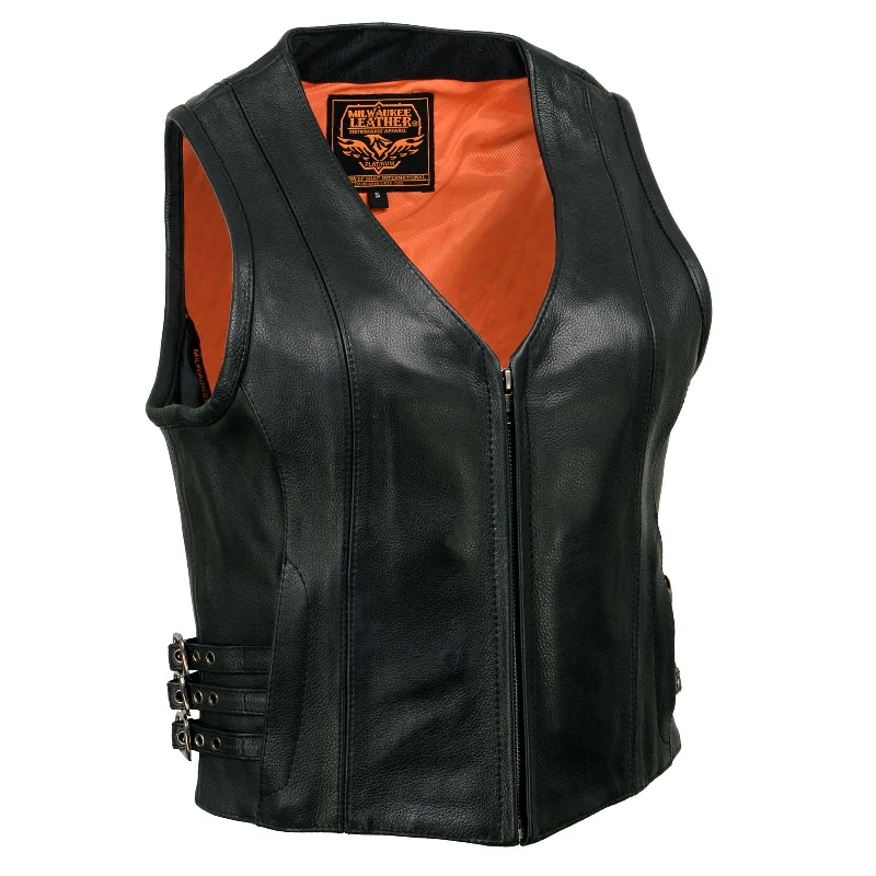 Versatile Wear Warm Soft Clothing Milwaukee Leather MLL4510 Women's Black Premium Leather Side Buckle Motorcycle Rider Vest with Front Zip Closure