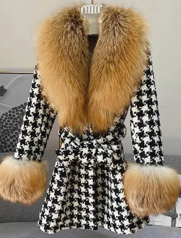 Minimal Comfort Warm Comfortable Fits Midi Length Houndstooth Red Fox Fur Trim Belted Wool Jacket Minimal Comfort Warm Comfortable Fits Midi Length Houndstooth Red Fox Fur Trim Belted Wool Jacket