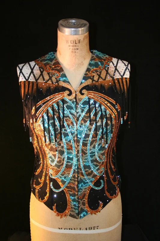Simple Elegance Simple Cozy Pieces #1609 Show Vests, Ladies M, Stretch Black with Turquoise and Bronze