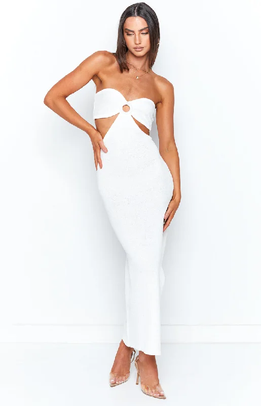 Trendy Looks Stylish Soft Outfits Hendry White Knit Strapless Midi Dress