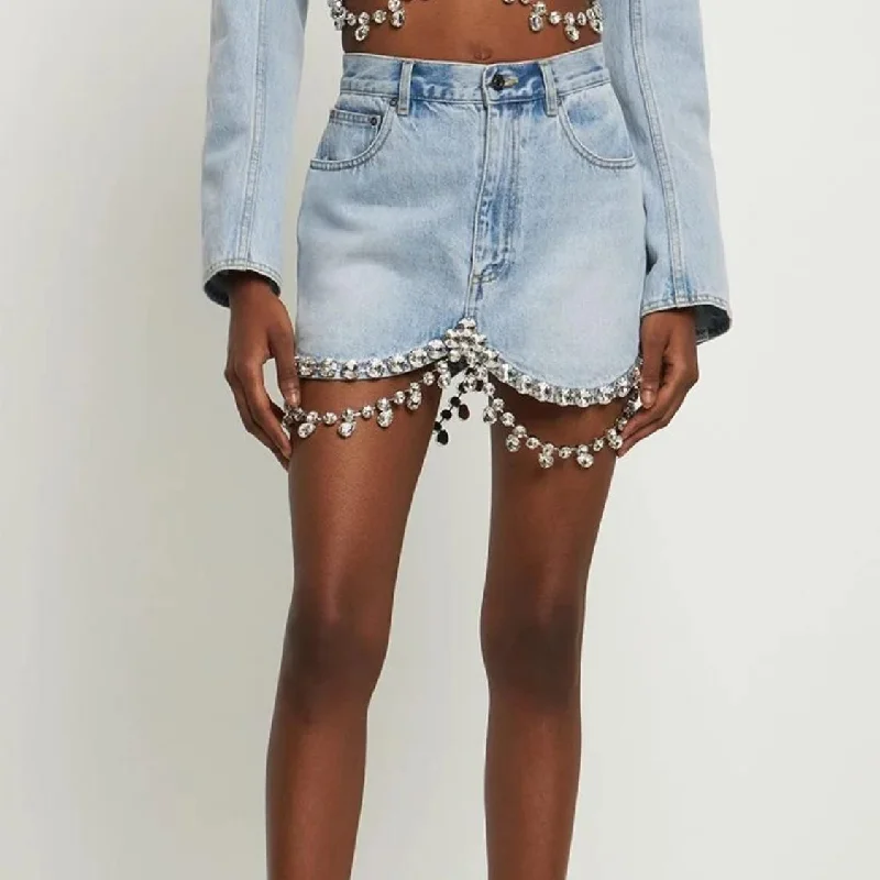 Relaxed Fashion Cozy Layered Wearables High Waist Diamond Patchwork Denim Mini Skirt with Pockets