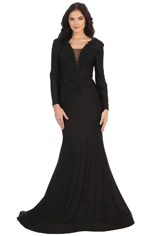 Casual Comfort Relaxed Chic Pieces May Queen - MQ1772 Beaded Appliqued Plunging Bodice Trumpet Gown