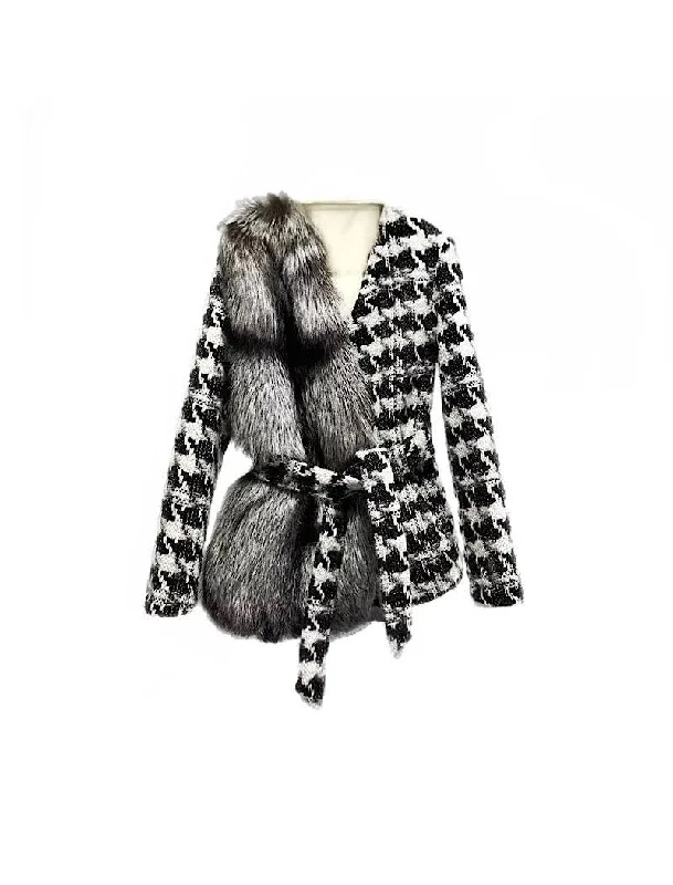 Cozy Shirts Cozy Everyday Wear Houndstooth One Sided Fox Fur Trim Belted Wool Jacket Cozy Shirts Cozy Everyday Wear Houndstooth One Sided Fox Fur Trim Belted Wool Jacket