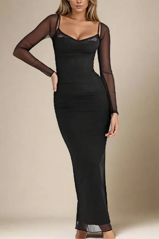 Light Fit Soft Cozy Wear Brianna Bodycon Long Sleeve Maxi Dress - Classic Black