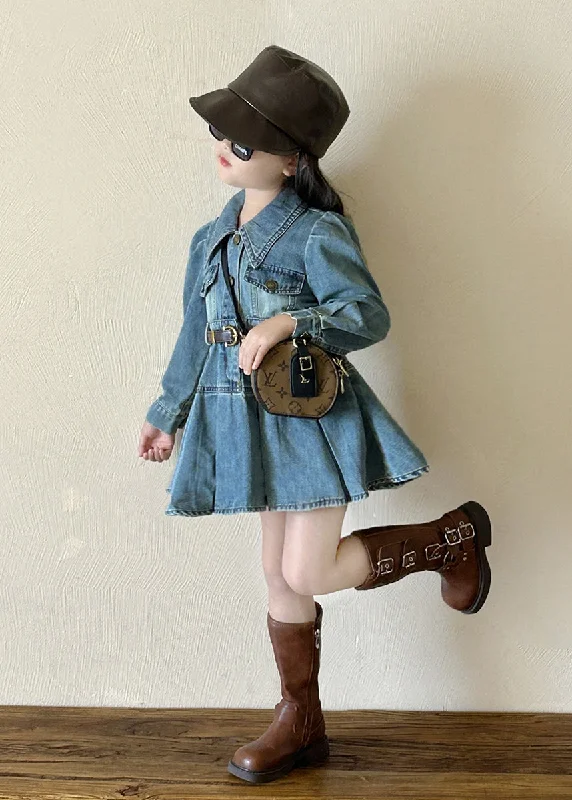 Chic Lounge Comfy Outfits Wearable Original Design Blue Peter Pan Collar Button Girls Denim Mid Dresses Spring