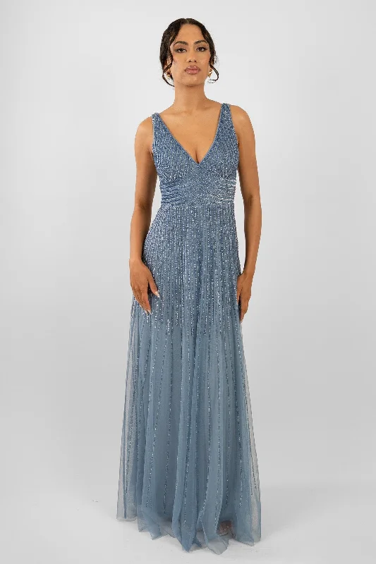 Simple Elegance Effortless Cozy Layers Lorelai Dusty Blue Embellished Maxi Dress