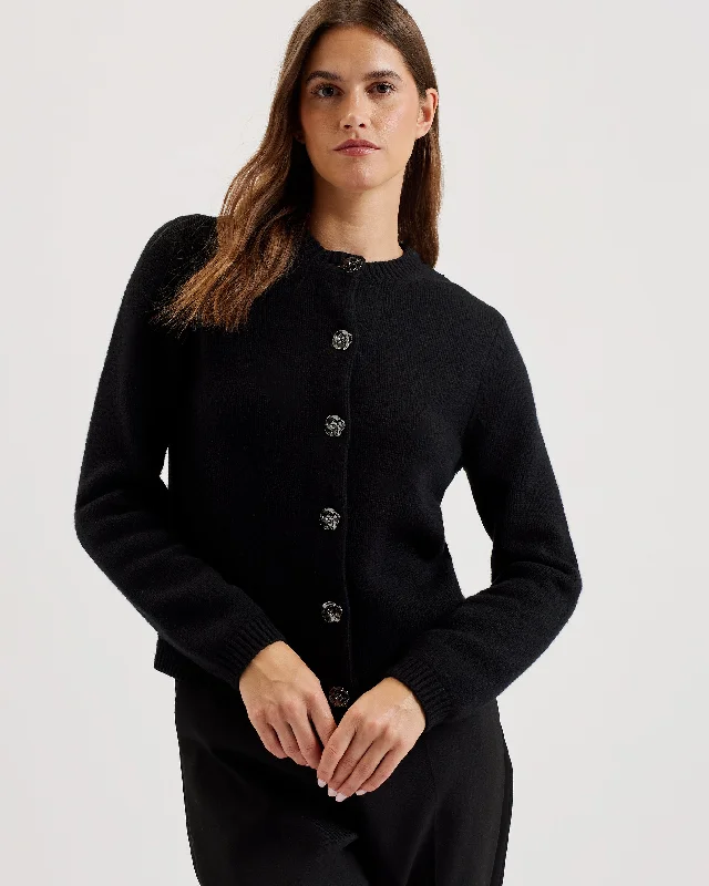 Warm Layers Trendy Soft Fit Jaycey Rose Button Crew Neck Cardigan Black