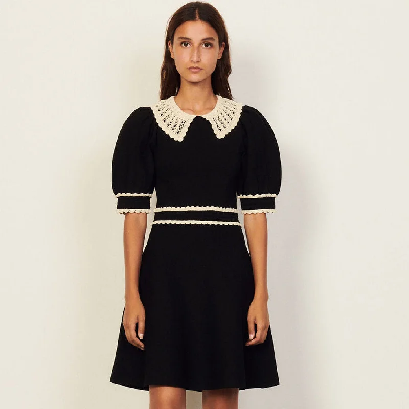 All-Day Wear Trendy Warm Pieces Vintage Style Lace Collar Puff Sleeve Skater Knit Mini Dress - Black