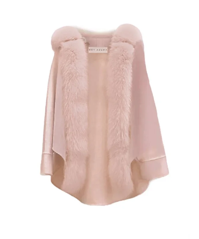Elegant Wear Comfortable Layering Options Oversized Australian Wool Fox Fur Trim Poncho In Pink Elegant Wear Comfortable Layering Options Oversized Australian Wool Fox Fur Trim Poncho In Pink