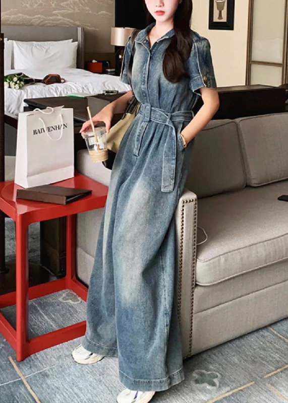 Urban Comfort Warm Soft Clothing Stylish Blue Peter Pan Collar Tie Waist Denim Jumpsuits Summer