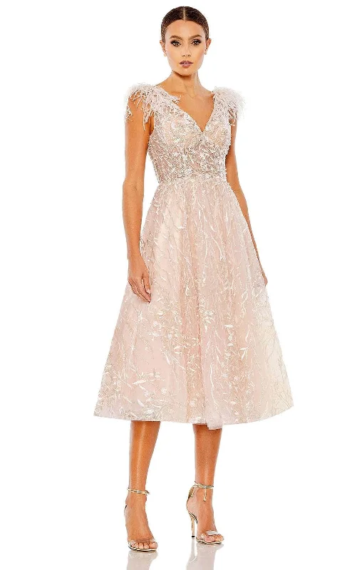 Warm Layers Trendy Warm Pieces Mac Duggal 20275 - Tea-Length Feather Embroidered Dress