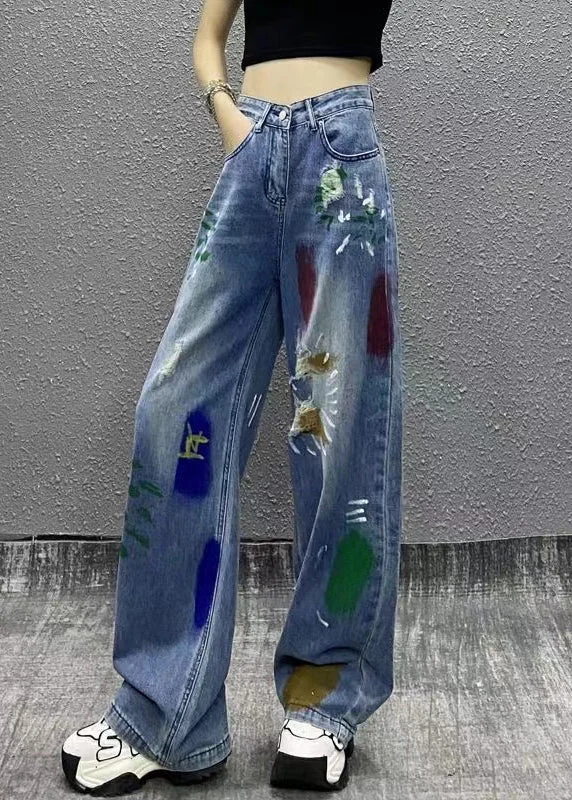 Effortless Elegance Stylish Relaxed Clothing Fashion Blue Paintings Pockets High Waist Denim Wide Leg Pants Spring
