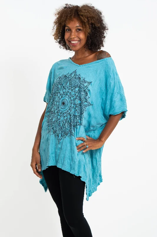 Luxe Comfort Comfortable Chic Choices Womens Lotus Mandala Loose V Neck T-Shirt in Turquoise