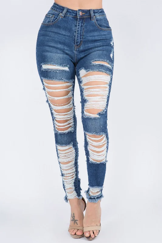 Layered Style Trendy Soft Looks Women's High Waist Heavy Distressing Denim Skinny Jeans