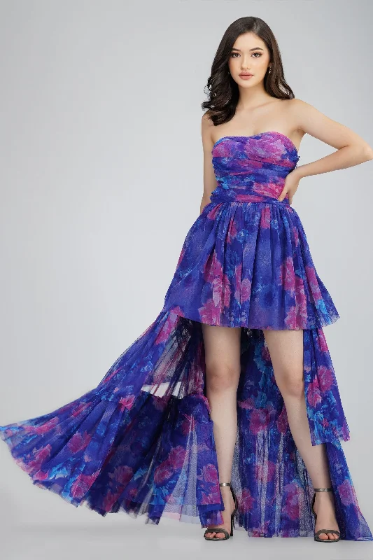 Summer Comfort Trendy Casual Comfort Shiloh High Low Tulle Dress in Blue Print