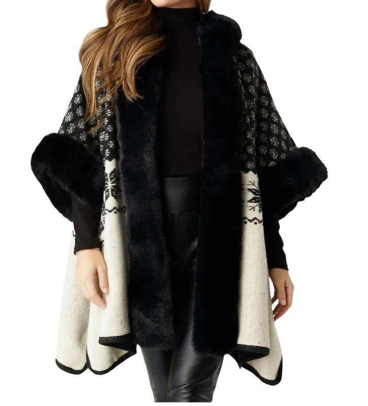 Light Fit Trendy Casual Comfort Noric Hooded Ruana W/ Faux Fur Coat In Black/multi