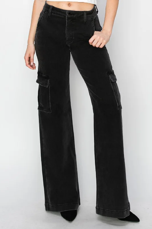 Timeless Comfort Relaxed Street Fashion Risen Black High Rise Wide Leg Cargo Jeans